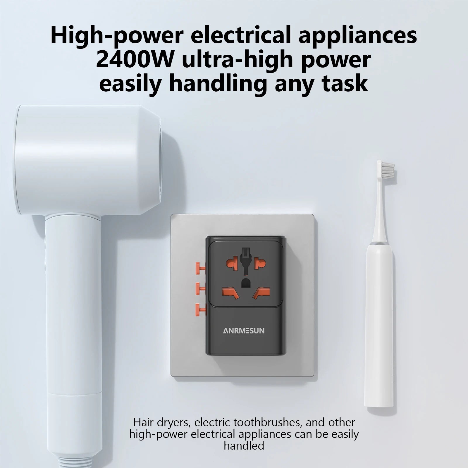 JINGMIN Universal Travel Adapter 2400W 4 AC 2 USB 2 USB-C PD 65W