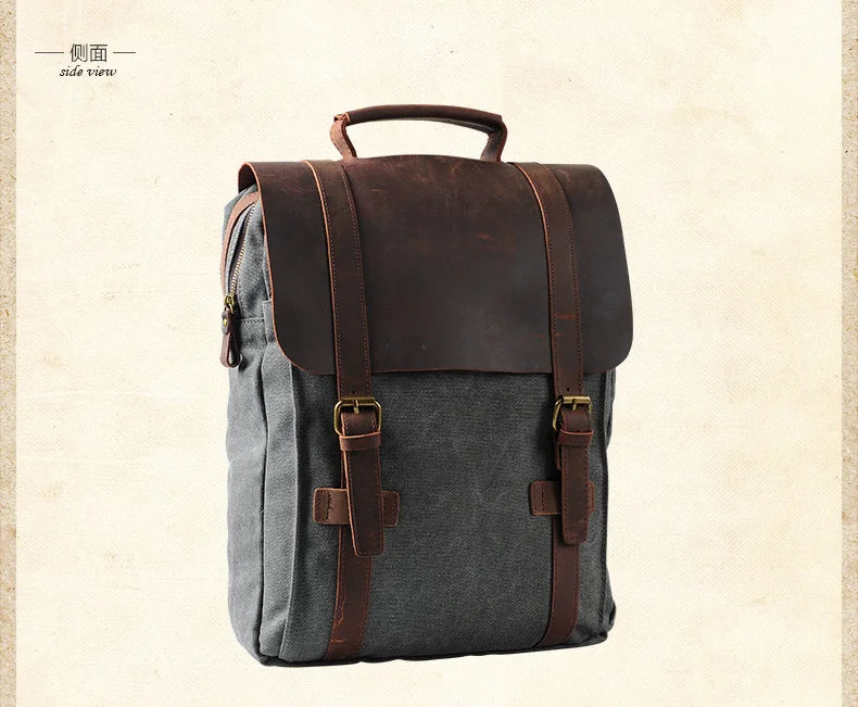 Canvas Leather Backpack Military Style Laptop School Rucksack Casual Travel Daypack Bag