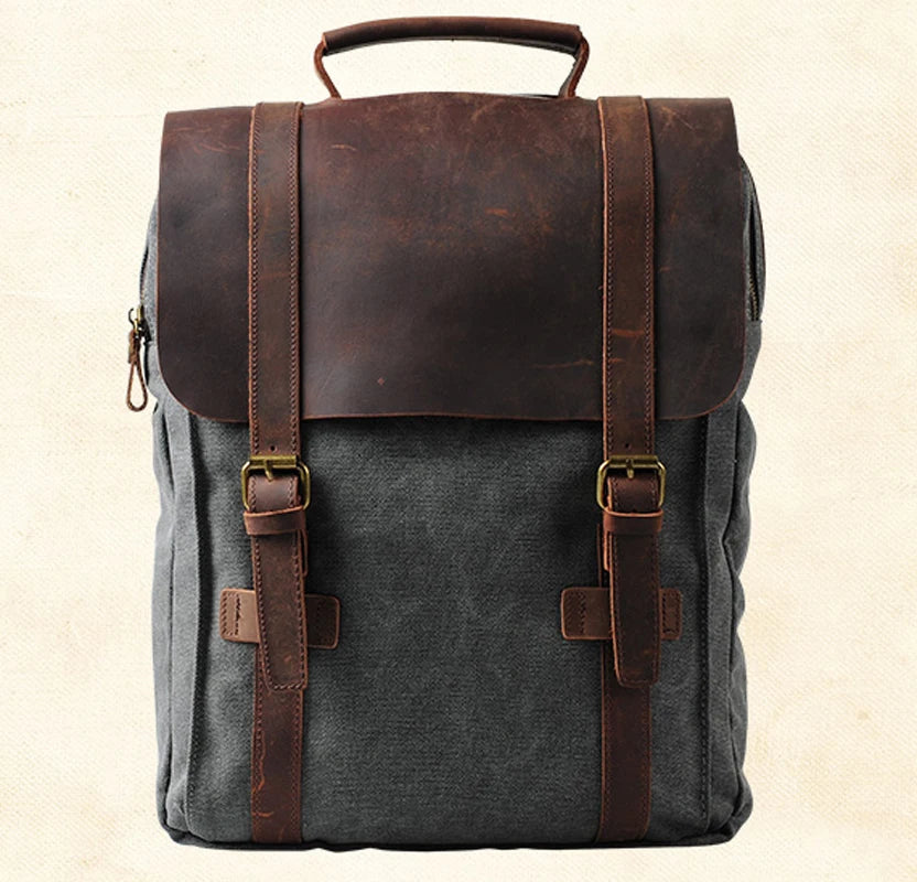 Canvas Leather Backpack Military Style Laptop School Rucksack Casual Travel Daypack Bag