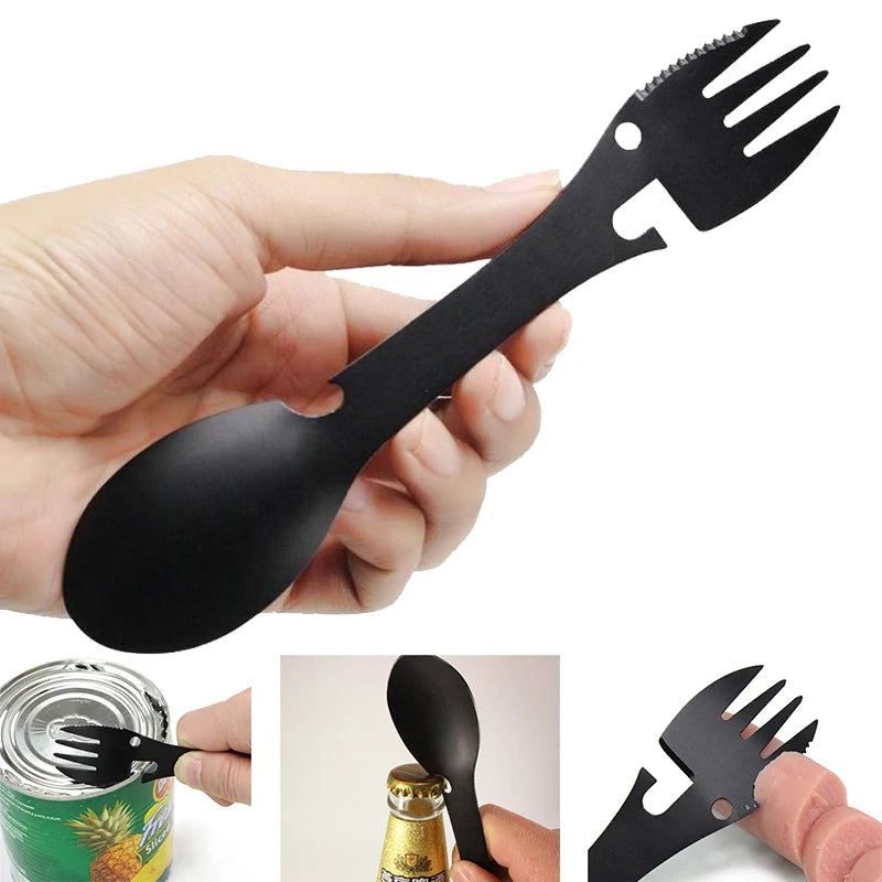 5 in 1 Camping Multi Tool Fork Knife Spoon Bottle Can Opener Outdoor Survival EDC Kit