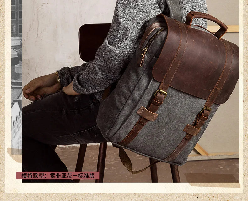 Canvas Leather Backpack Military Style Laptop School Rucksack Casual Travel Daypack Bag
