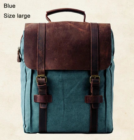 Canvas Leather Backpack Military Style Laptop School Rucksack Casual Travel Daypack Bag
