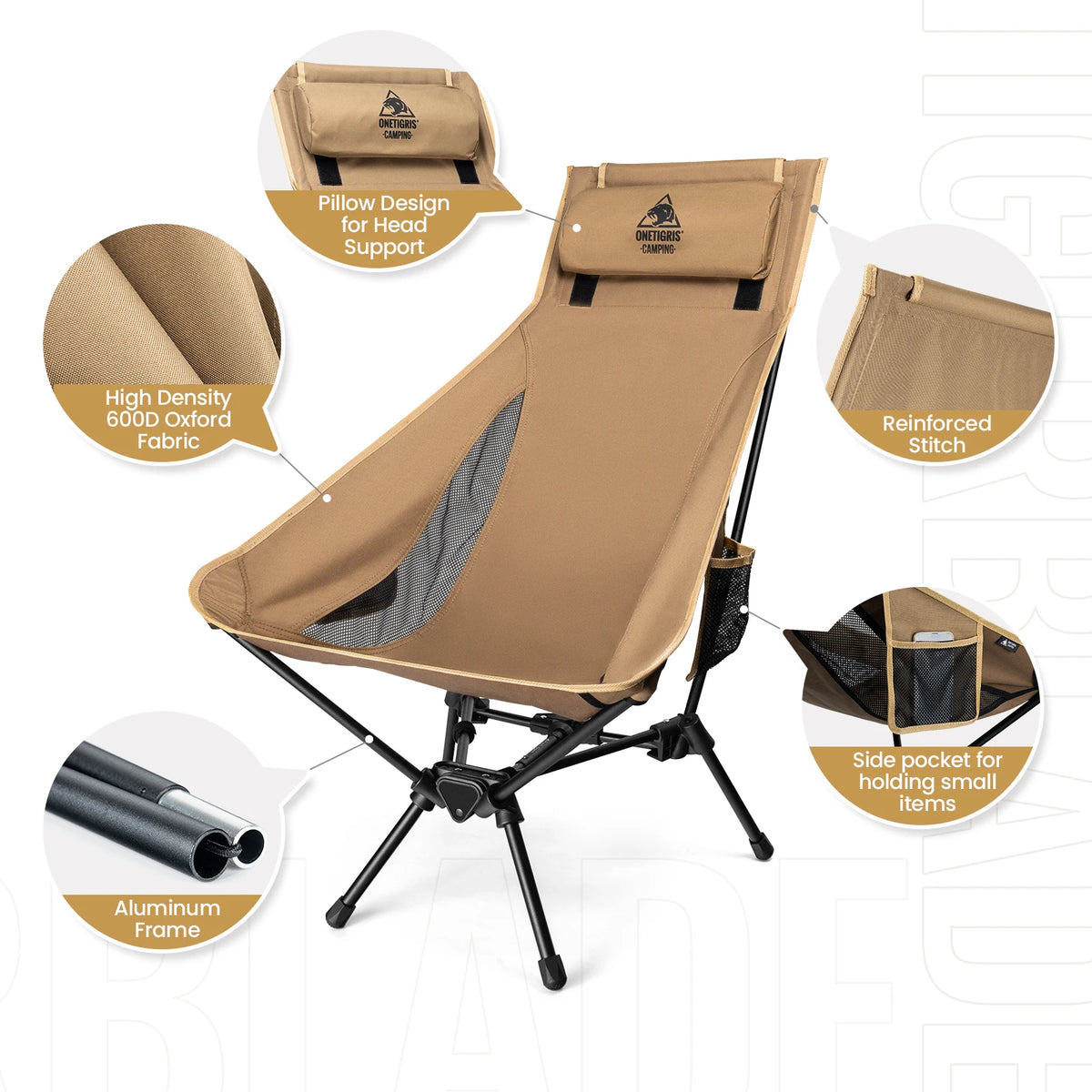 Oversized Folding Camping Chair 170kg Capacity Lightweight Portable Chair for Hiking Fishing Picnic