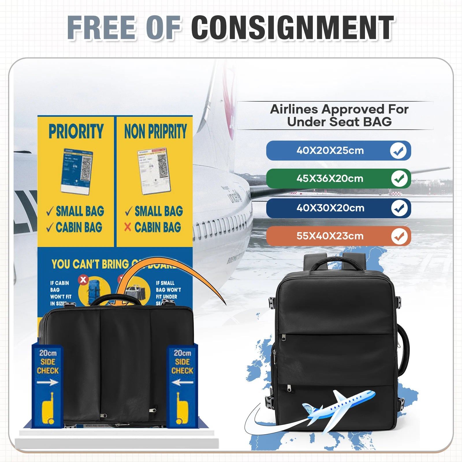 FLCC 40x30x20 Cabin Backpack Travel Laptop Bag 15.6 Inch Unisex