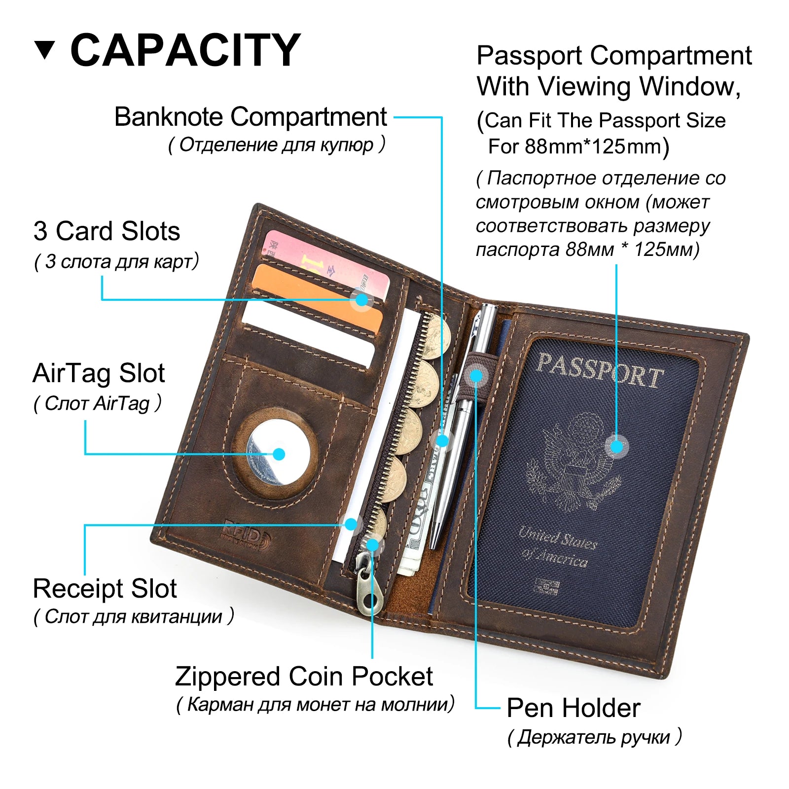 CONTACT'S Genuine Leather Passport Wallet Card Holder Coin Purse with AirTag Slot Travel Case