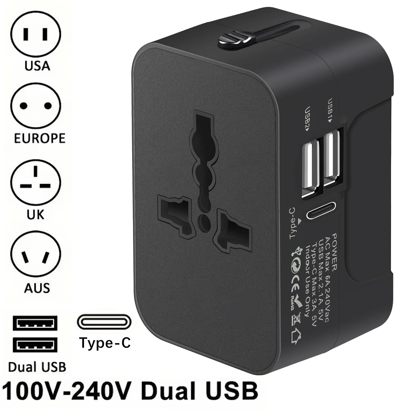 Universal Travel Adapter EU UK US AU Plug with USB Type C Ports