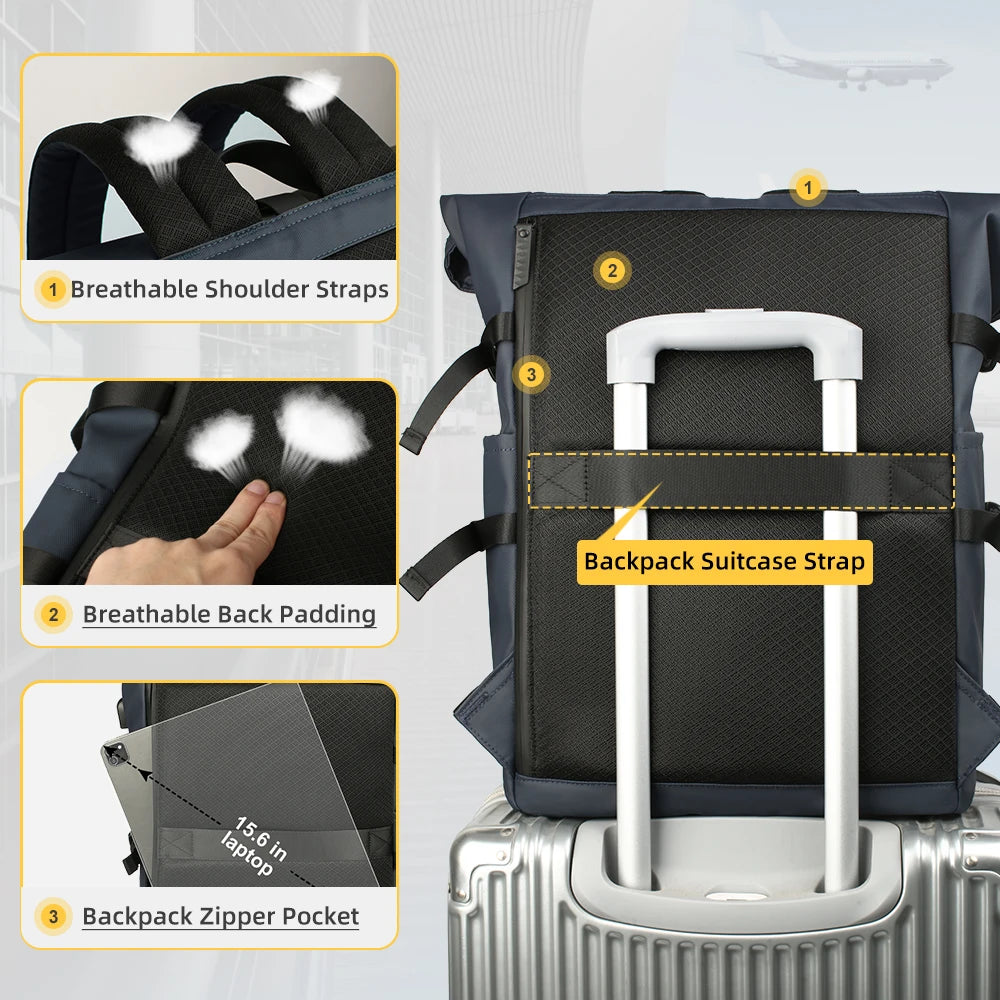 HK 15.6 Inch Anti Theft Travel Laptop Backpack Waterproof USB Roll Top Bag for Business Travel