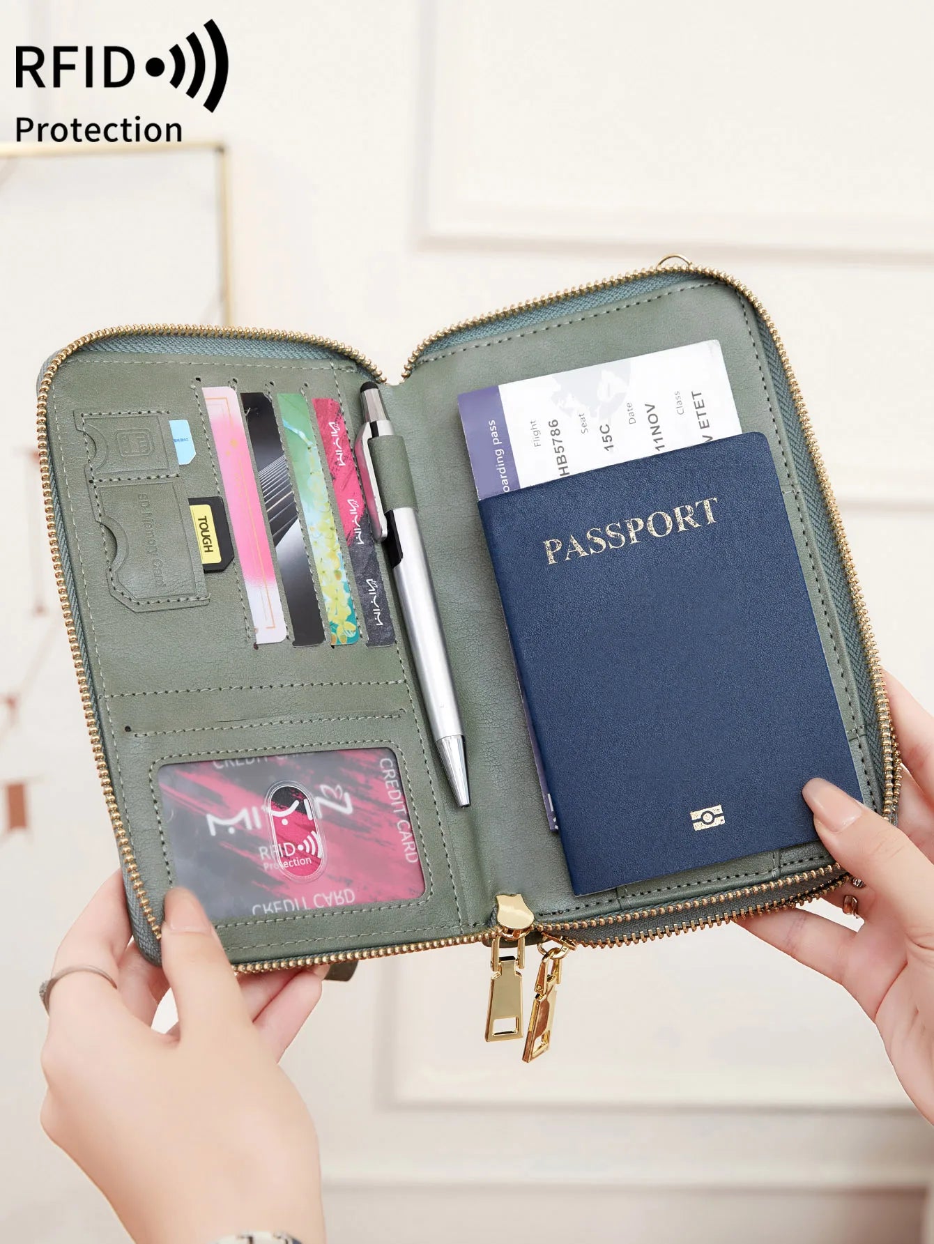 Travel Passport Wallet PU Leather Multi Functional Double Zipper Passport Cover for Travel