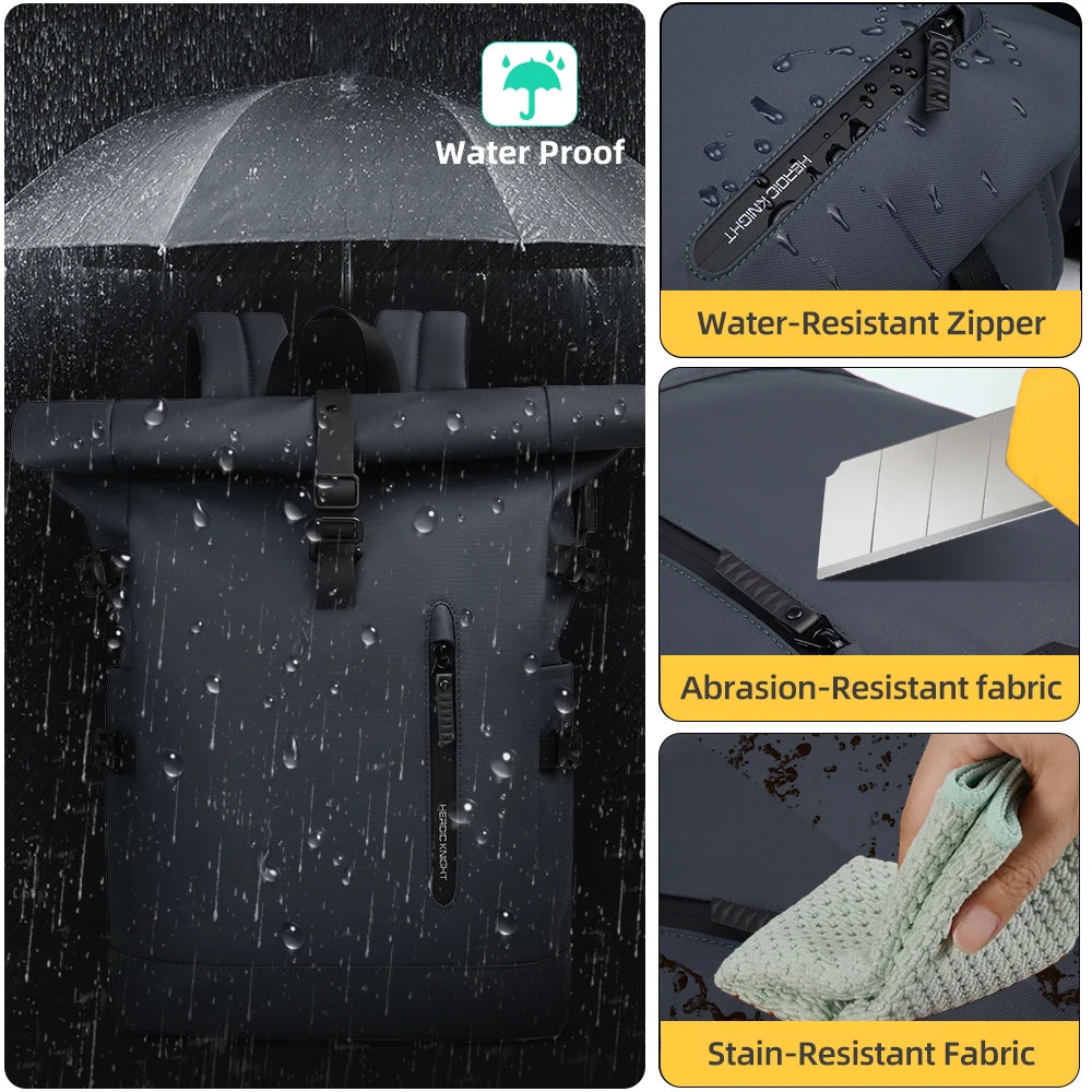 HK 15.6 Inch Anti Theft Travel Laptop Backpack Waterproof USB Roll Top Bag for Business Travel