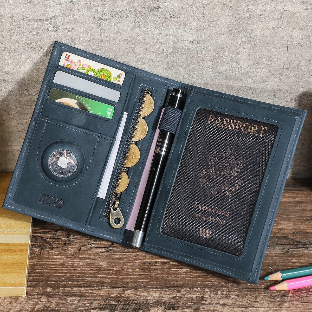 CONTACT'S Genuine Leather Passport Wallet Card Holder Coin Purse with AirTag Slot Travel Case