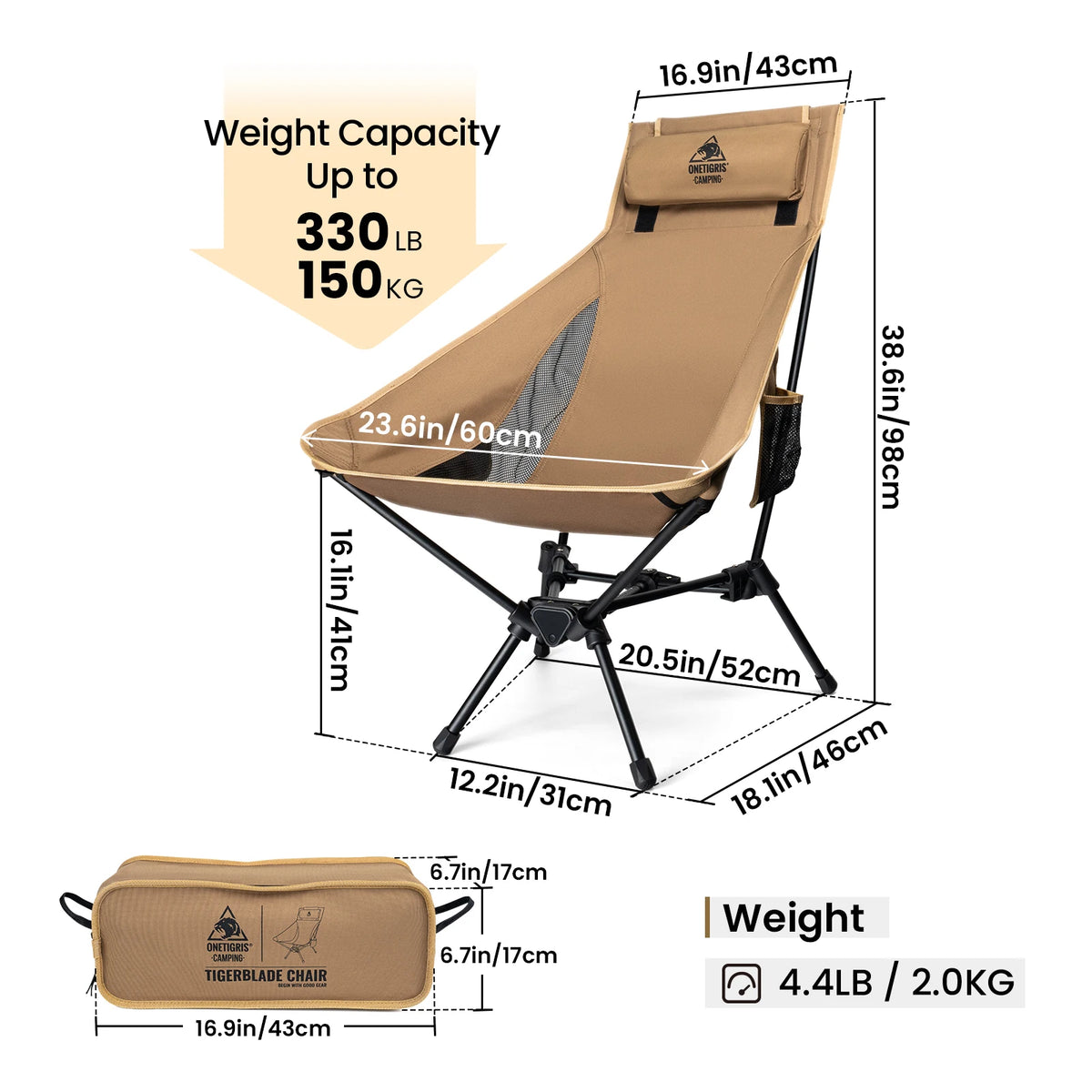 Oversized Folding Camping Chair 170kg Capacity Lightweight Portable Chair for Hiking Fishing Picnic