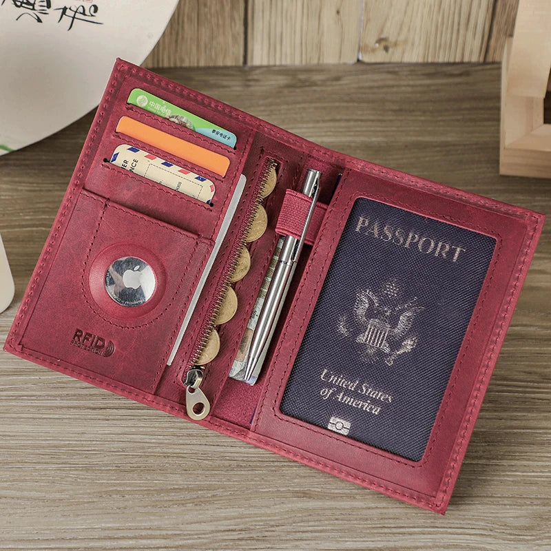 CONTACT'S Genuine Leather Passport Wallet Card Holder Coin Purse with AirTag Slot Travel Case