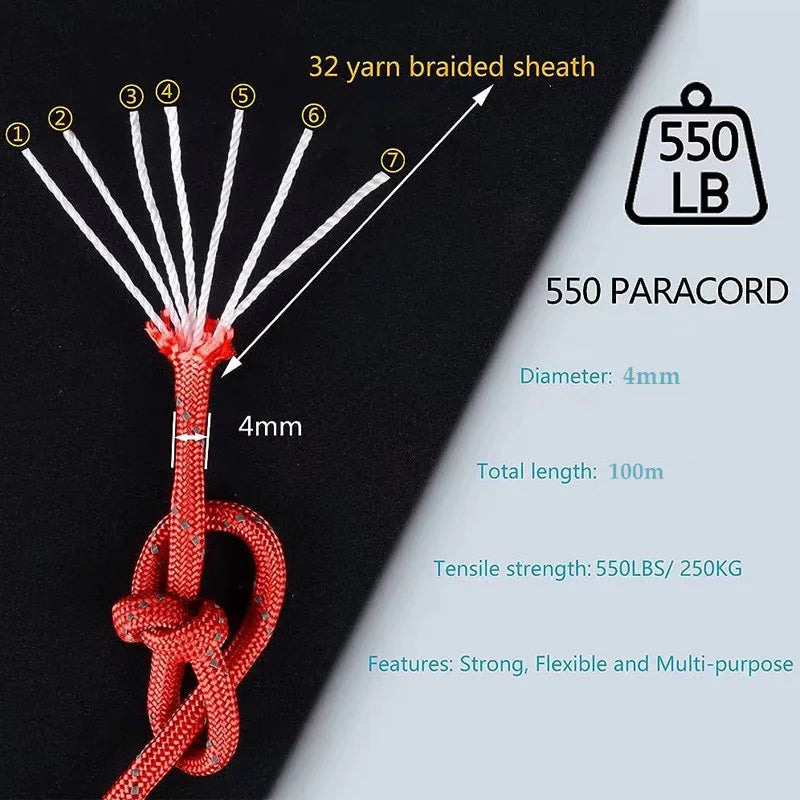 NOBLE EAGLE Reflective 550 Paracord 7 Strand 4mm Tactical Camping Tent Rope DIY Weaving Cord