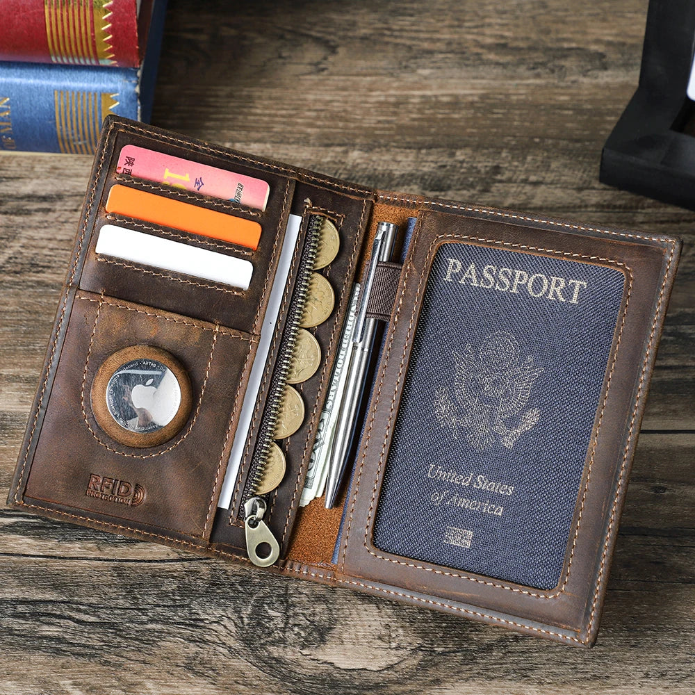 CONTACT'S Genuine Leather Passport Wallet Card Holder Coin Purse with AirTag Slot Travel Case
