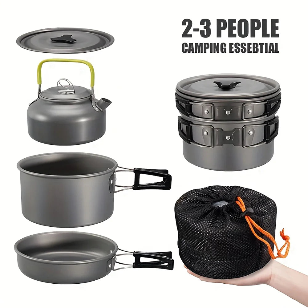 Outdoor Camping Cookware Set Non Stick Aluminium Pot Bowl Picnic BBQ Kit Travel