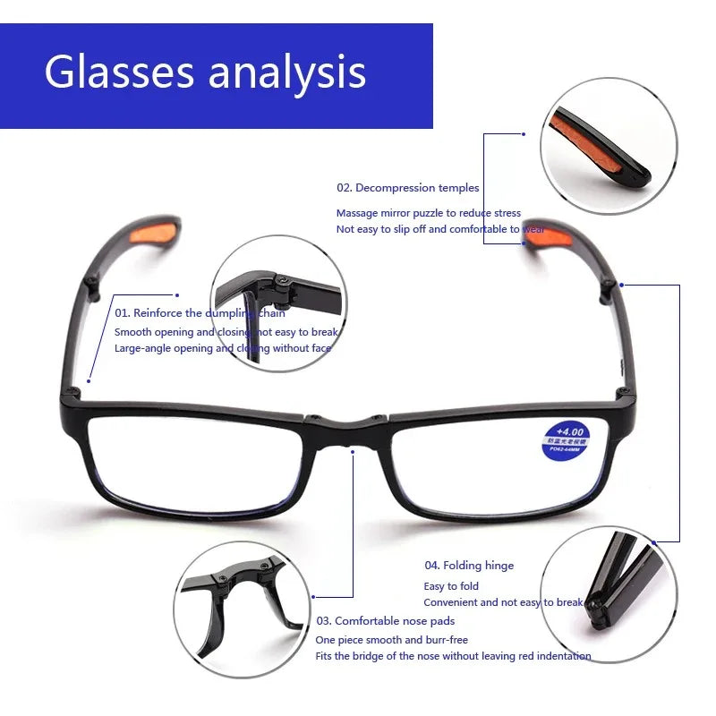 Folding Reading Glasses Anti Blue Light TR90 +1.0 to +4.0 Portable Case