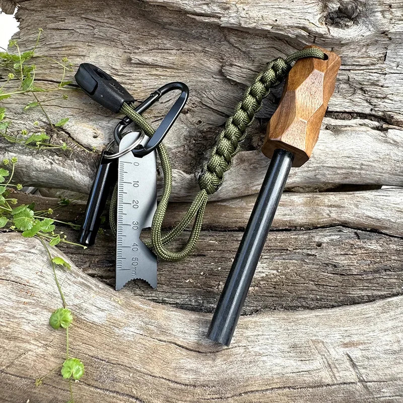 Outdoor Flint Fire Starter Waterproof Magnesium Rod Survival Tool with Wood Handle for Camping