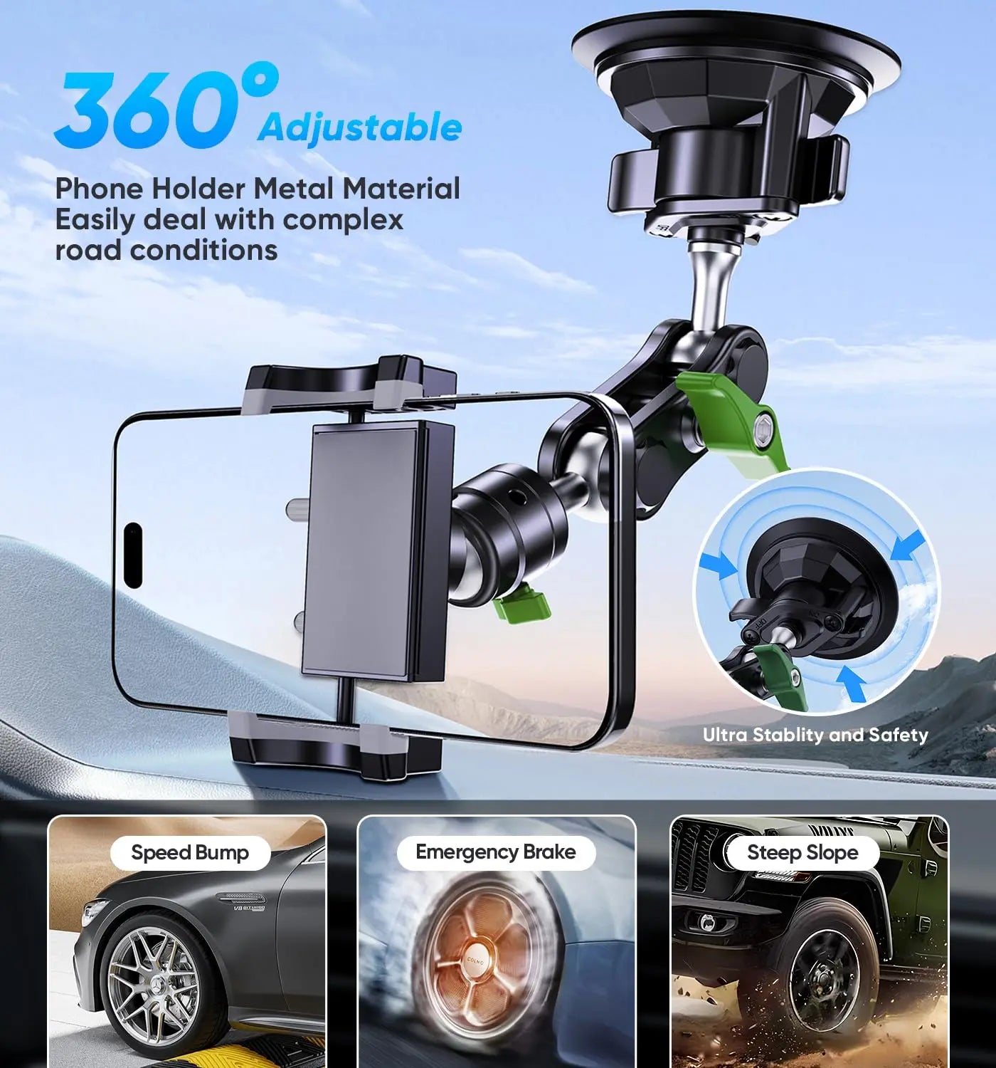 Universal Metal Car Phone Mount 360° Rotating Suction Cup Windshield Dashboard Holder