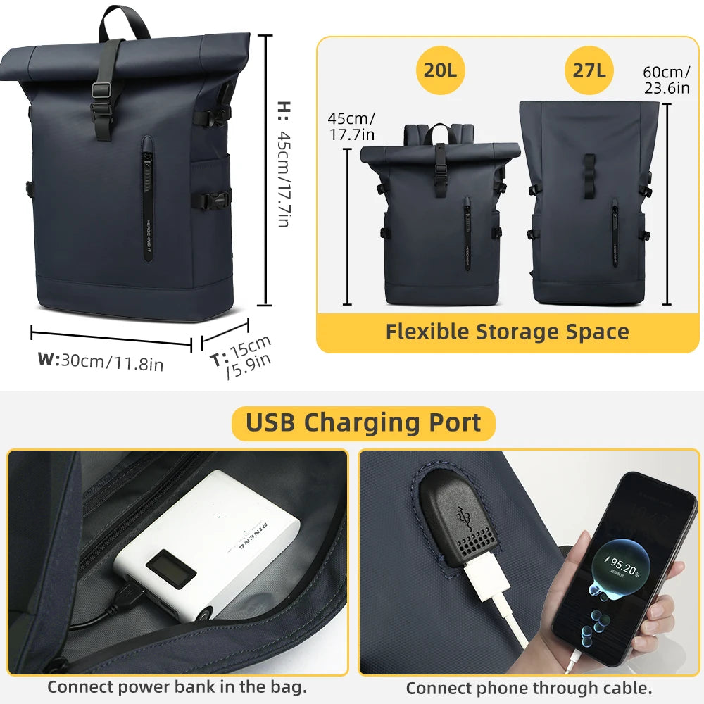 HK 15.6 Inch Anti Theft Travel Laptop Backpack Waterproof USB Roll Top Bag for Business Travel